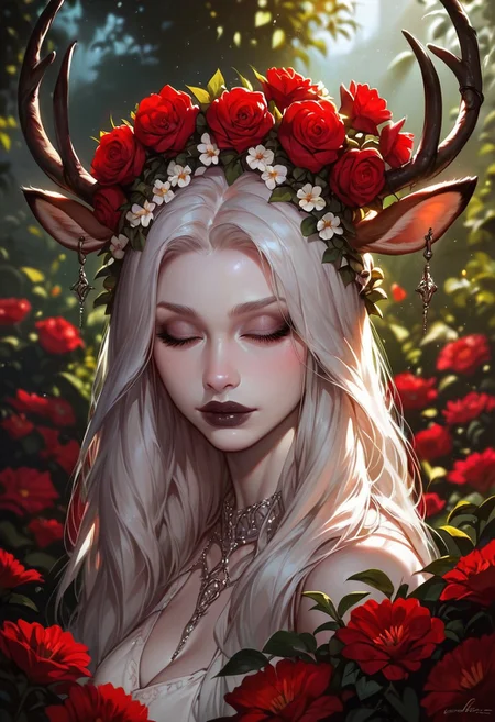 score_9_up, score_9, score_8_up, score_8, score_7_up, score_7, cinematic lighting, raw, high quality, 4k resolution, absurdres, masterpiece, dynamic lighting, high contrast, morimee_style, detailed face, dramatic lighting, sfw,
1girl, cute, mature, (((((pale skin))))), ((white hair)), ((long hair)), closed eyes, black makeup, black lipstick, red flowers, flower in hair, (big:1.3 deer horns), silver jewelry, ((white wreath)), looking at viewer,
(close view), [[side view]],
((garden background, red flowers, night)), blurred foreground, blurred background, depth of field
