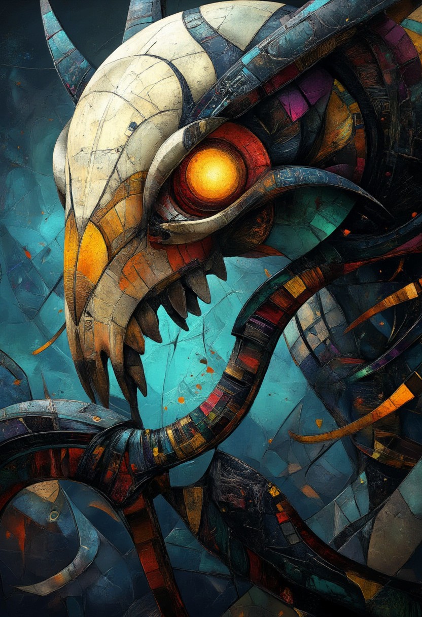 scifi fantasy illustration, A weathered grey demon monster skull, facing the viewer, clutched by a talon, the talon pierces and shatters points on the skill. Awe-Inspiring and Vulgar, Glowing Amber Eyes, Fairy-Tale, side lit, in the style of realistic hyper-detailed portraits, dark white and orange, classicist portraiture, dark gold and aquamarine, realist detail, hard edge, technological marvels, aidmasoftglow