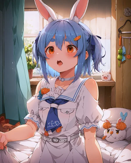 <lora:3_Style_Art_Doka_XL:1.0> ama rei, by doka, <lora:HOLOLIVE_Pekora_XL:0.7> usada pekora, 1girl, white rabbit ears, orange eyes, blue hair, hair between eyes, PekoraCasual, orange eyes, thick eyebrows, rabbit ears, blue hair, short hair, two side up, hairclip, white choker, sailor dress, short dress, short sleeves, blue neckerchief, white belt, upper body, blush, open mouth,, <lora:9_Detail_Tweaker_XL:0.8>, score_9, score_8_up, score_7_up, source_anime, masterpiece, best quality, highly detailed background, cinematic lighting, detailed eyes, perfect face,, lazy, teenager room, messy, bedroom, bed sheet, closet,