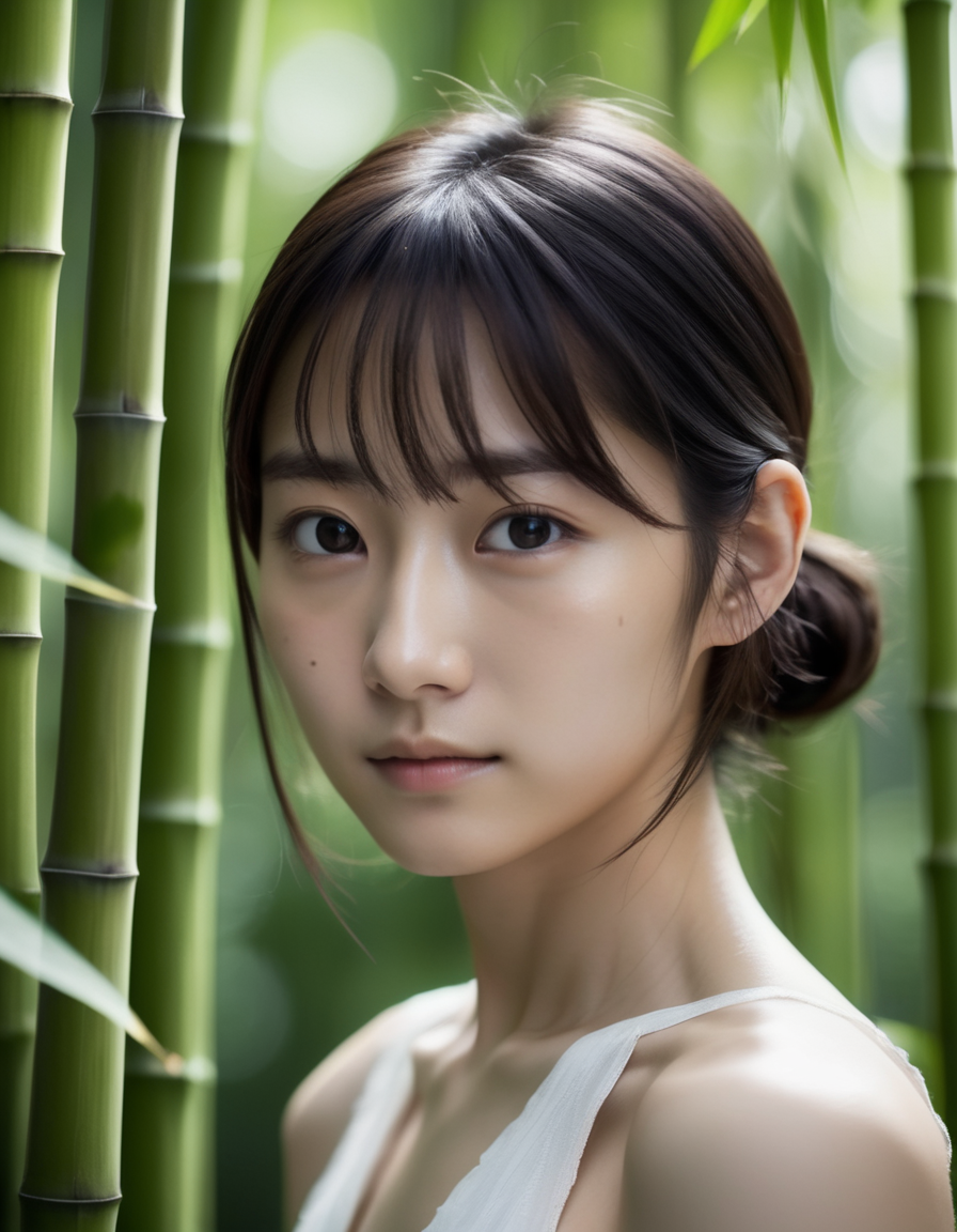 jpn-girl, Professional portrait photography of the face of a beautiful girl with (glossy nude lips) with black eyes, Nikon Z9, looking at the camera, realistic matte skin, highly detailed, skin texture visible, 20 yo,woman wearing dress,blurry background, 
A tranquil bamboo forest in Japan,
,
, <lora:jpn-girl_v1:0.75>,