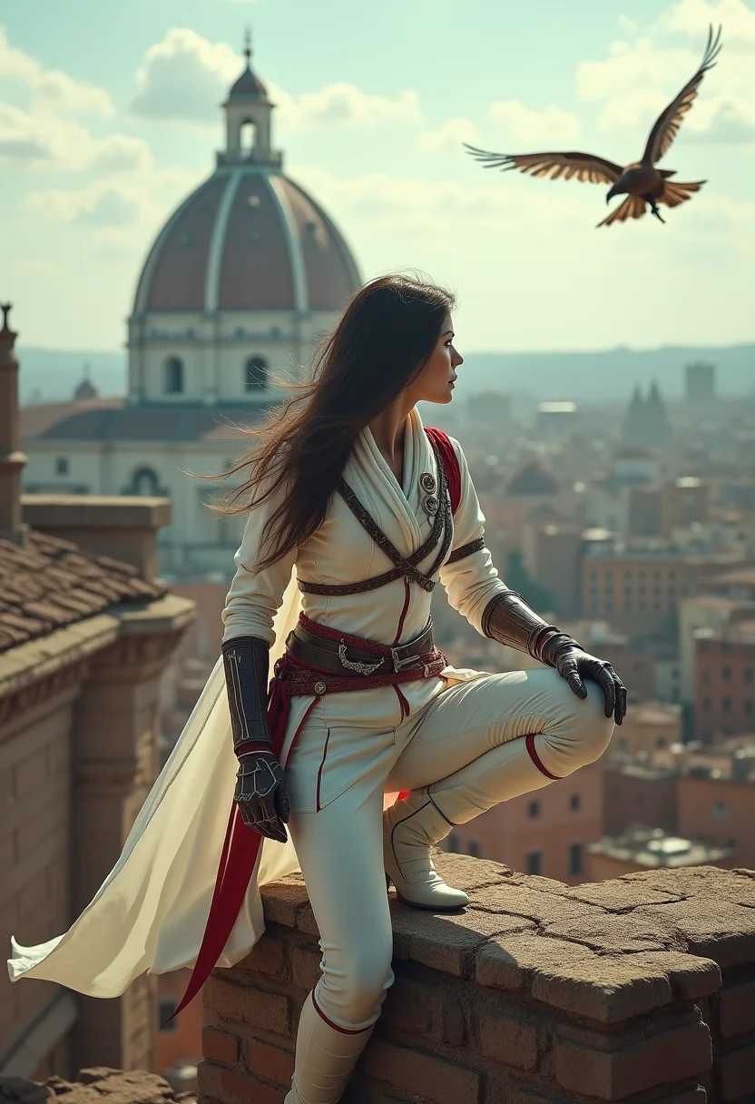 Detailed, masterpiece, professional, bold colors, awe inspiring, photography inspired by Jeremy Mann, 30mm shot, action scene, HDR, female assassin clad in all white with red highlights, crouch on ancient Roman rooftops, hawk flying overhead, deadly, sleek beauty