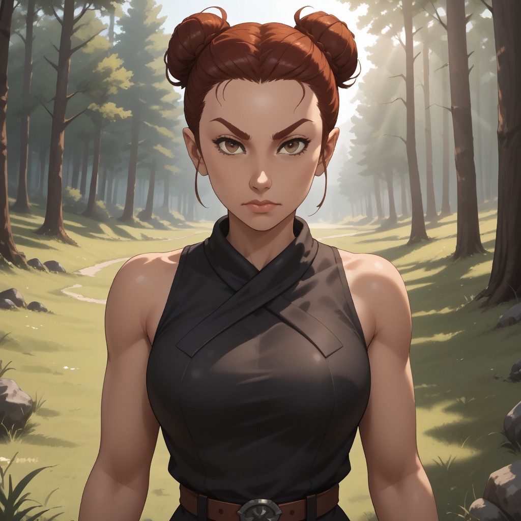 score_9, score_8, BREAK, solo, wii, mii, wii sports, female mii, 1girl, dark red hair, dark red eyebrows, brown eyes, single hair bun, black gi, black gi pants, sandals, nintendo mii, modern_mii, classic_mii, breasts, Shin_Elisa_(OC_Mii), demon girl, dark skin, rope belt, sleeveless gi, sexy pose, outdoors, sunlight, shadows, evening lighting, natural lighting, forest, trees, grass, orange sky, sunset