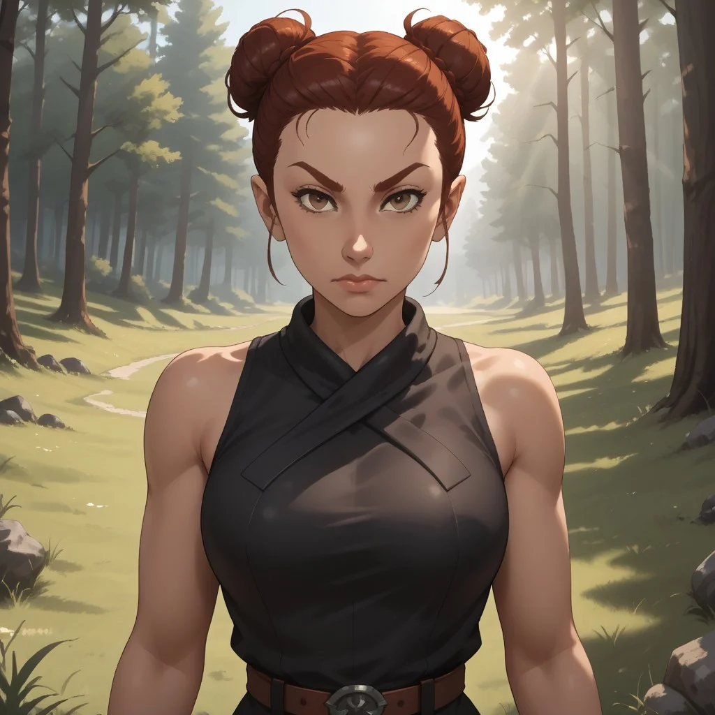 score_9, score_8, BREAK, solo, wii, mii, wii sports, female mii, 1girl, dark red hair, dark red eyebrows, brown eyes, single hair bun, black gi, black gi pants, sandals, nintendo mii, modern_mii, classic_mii, breasts, Shin_Elisa_(OC_Mii), demon girl, dark skin, rope belt, sleeveless gi, sexy pose, outdoors, sunlight, shadows, evening lighting, natural lighting, forest, trees, grass, orange sky, sunset
