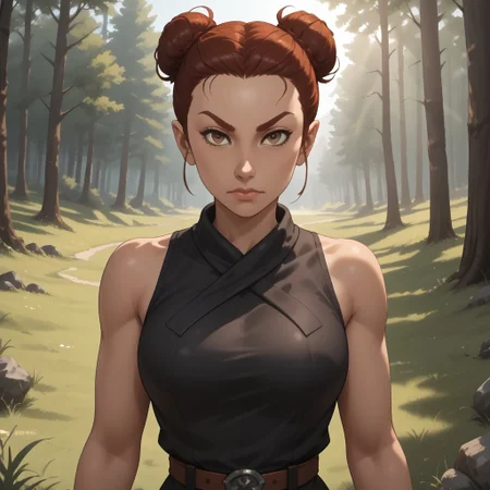 score_9, score_8, BREAK, solo, wii, mii, wii sports, female mii, 1girl, dark red hair, dark red eyebrows, brown eyes, single hair bun, black gi, black gi pants, sandals, nintendo mii, modern_mii, classic_mii, breasts, Shin_Elisa_(OC_Mii), demon girl, dark skin, rope belt, sleeveless gi, sexy pose, outdoors, sunlight, shadows, evening lighting, natural lighting, forest, trees, grass, orange sky, sunset
