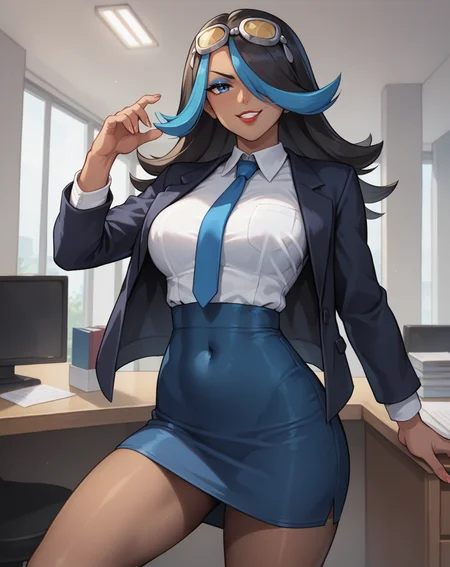 score_9,score_8_up,score_7_up,score_6_up,source anime,
1girl, solo, dynamic pose, looking at viewer, 
shelly \(pokemon\), black hair, blue eyes, dark skin, hair over one eye, lipstick, makeup, multicolored hair, blue hair, goggles, goggles on head, streaked hair, breasts,
suit, tie, indoors, office, skirt, pantyhose, shirt, (covered navel:1.4), jacket, office lady, 
portrait, smug,
 <lora:shelly2-000010_comp:0.9>