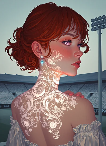 {    "T5": "A highly detailed, high-contrast, closeup facial photograph of a person with bio ink markings, set in a stadium, wearing a backless dress, with their redhead hair styled using a hair dryer, showcasing a shy expression, with extremely detailed textures of their skin, hair, and facial features, including the intricate details of their eyes, captured in a 35mm film style with a subtle grain and vignette, reminiscent of a vintage Kodachrome photograph",    "CLIP-L": "bio ink, high-contrast, closeup, facial photo, redhead hair dryer hair, shy expression, backless dress, stadium, detailed skin texture, detailed hair texture, detailed facial features, detailed eyes, 35mm film style, grainy, vignette, vintage Kodachrome" }