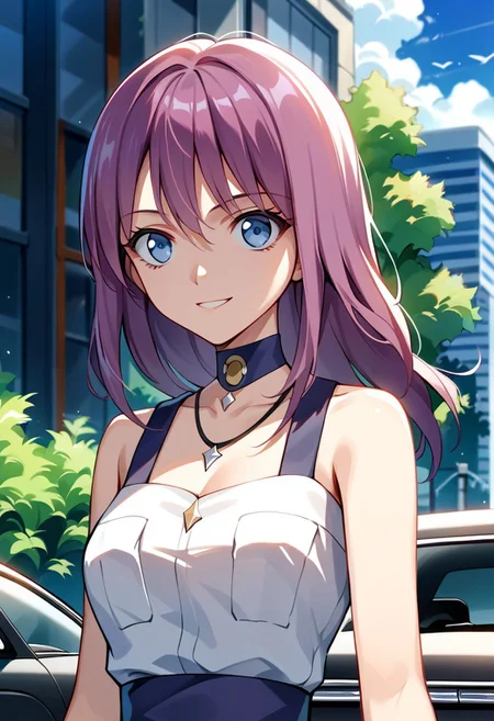 score_9, score_8_up, score_7_up, source_anime, JENNY (BAKUGAN), 1girl, solo, long hair, smile, blue eyes, bare shoulders, jewelry, upper body, purple hair, outdoors, choker, day, necklace, ground vehicle, motor vehicle, car
