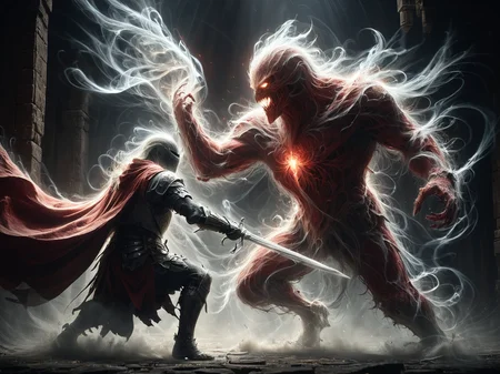 knight fighting a huge ghost made of red mad-wsps in dark dungeon, Bosstyle, dynamic pose, cinematic shot, dramatic lighting <lora:Wisps_of_Light_SDXL:0.8> <lora:XL_boss_battle:0.8> 0.6>, masterpiece, best quality, ultra high res, (photorealistic, realistic:1.2), deep shadow, raw photo, film grain, Fujifilm XT3, 8k uhd, dslr
