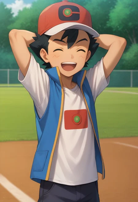 score_9, score_8_up, source_anime, highly detailed, 1boy, solo, skinny, human_child,
ash_j2, 1boy, male focus, hat, shirt, solo, black hair, white shirt, baseball cap hands behind head, closed eyes, open mouth, smile,
outdoor,
