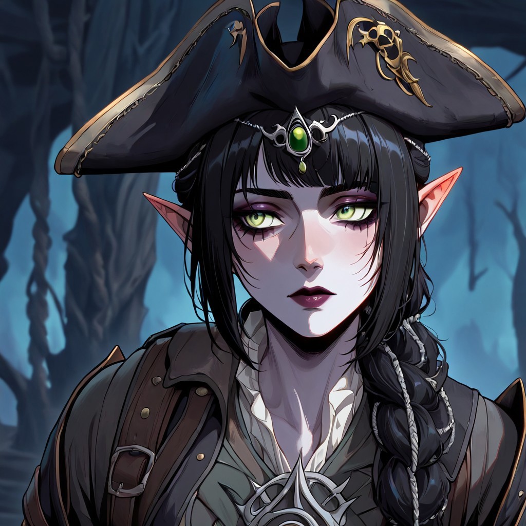 masterpiece, best quality, newest, absurdres, highres, anime, anime style, PAV1.0IL, pirate, pirate hat, 
1girl, shadowheart \(baldur's gate\), long braid, elf, pointy ears, black hair, braid, side bangs, green eyes,