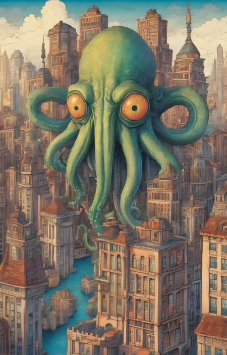 colorful and vibrant, whimsical pencil illustration, (diterlizziartai style), cthulu rising above the sleeping metropolis, detailed <lora:DiTerlizziArtAIccp:0.6>, highly detailed, high quality, intricate, 4k, uhd