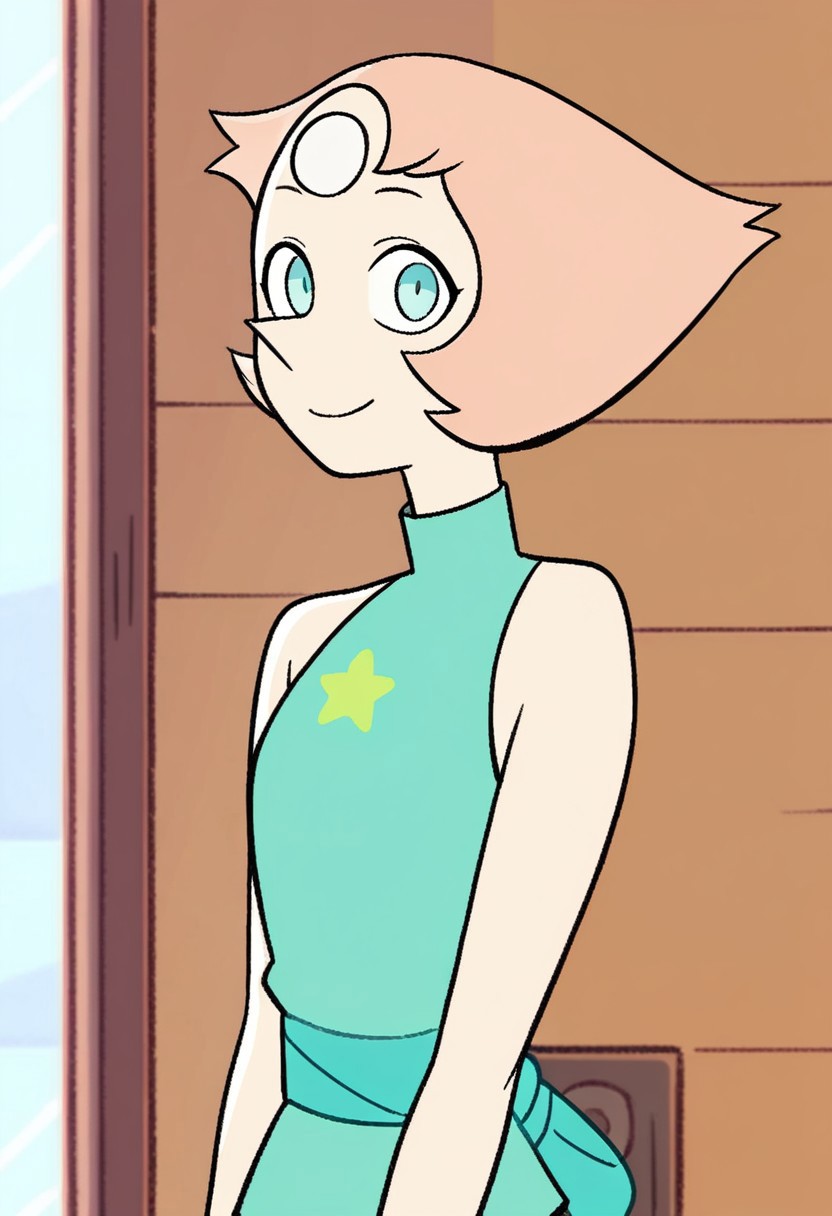 score_9, score_8_up, score_7_up, 1girl, solo, p3arl, pink hair, short hair, blue eyes, aqua shirt, sleeveless, star (symbol), looking at viewer, smile, upper body, indoors