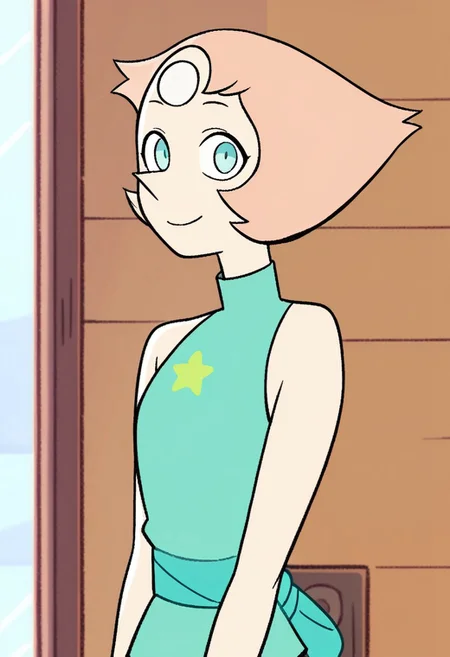 score_9, score_8_up, score_7_up, 1girl, solo, p3arl, pink hair, short hair, blue eyes, aqua shirt, sleeveless, star (symbol), looking at viewer, smile, upper body, indoors