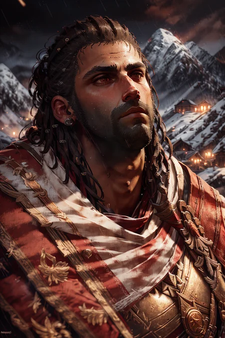 alexios looking up, at night, raining, with a mountain background, cinematic, atmospheric, light particles, soft lighting, digital art by Martin Deschambault <lora:Nlo_Alexios_v1:1>