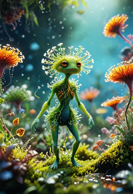 This photorealistic, tilt-shift image captures a microscopic moment in which a plant-like character, resembling a person, is dancing and interacting with magical spores. The scene showcases various plant elements, such as electronic wiring mycelium, gemmae, algae moss, transparent plants protonema, and glassy gametophytes. Additionally, the image includes magical virophage organisms, as well as a glimpse into the universe's tiny details.
The character's hips are thick and quirky, giving them a unique look, while their attire is comfortable and colorful. The clothing's appearance is enhanced by subsurface scattering and cloth physics, which add depth and realism to the scene.
Furthermore, the image is filled with vibrant pollen clouds, adding a splash of color and visual interest to the otherwise microscopic, plant-focused composition.