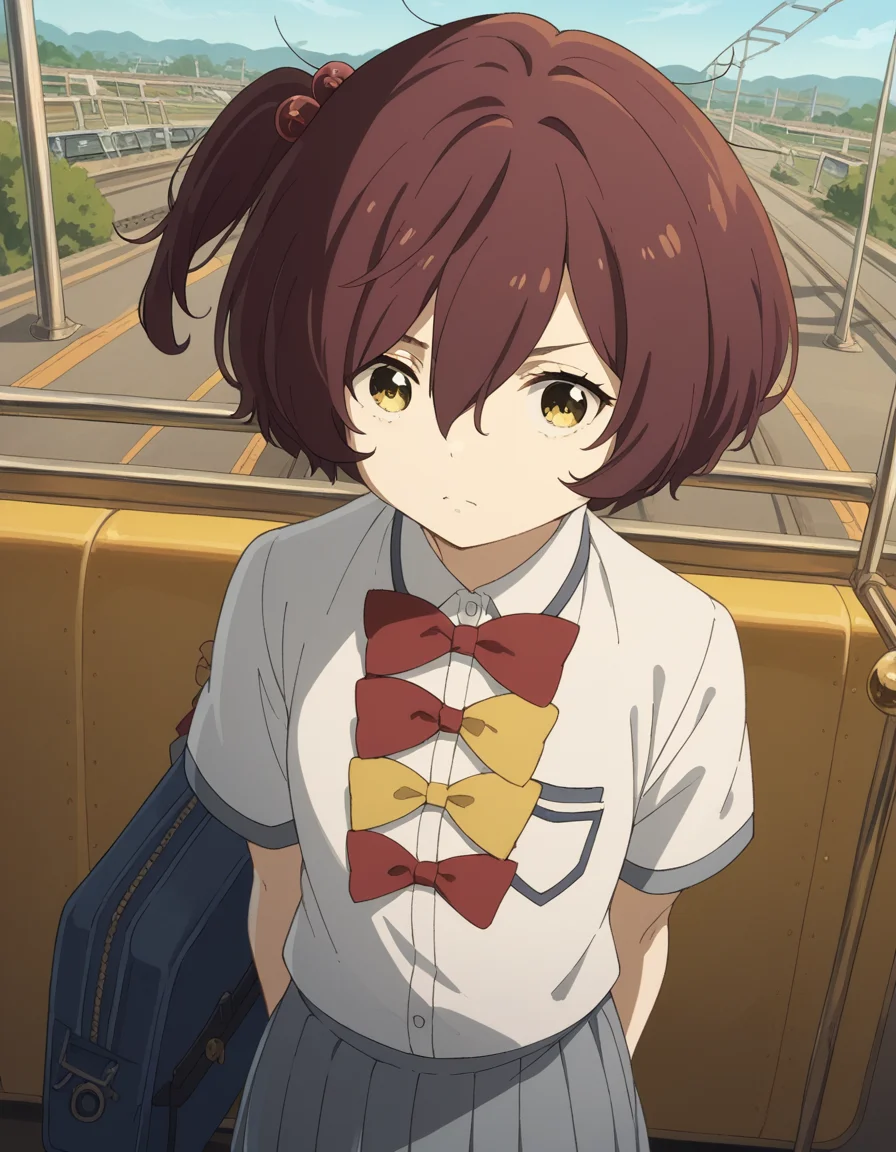 score_9, score_8_up, score_7_up, source_anime, <lora:chika-komari-s1-ponyxl-lora-nochekaiser:1>, chika komari, short hair, bangs, brown hair, hair ornament, hair between eyes, side ponytail, one side up, hair bobbles, yellow eyes,, skirt, shirt, bow, school uniform, white shirt, short sleeves, pleated skirt, bowtie, yellow bow, grey skirt, yellow bowtie, red bow, red bowtie,, train station, waiting for train, suitcase, traveling, commute, city skyline, hands behind back,, , , v,, solo,, cowboy shot, dutch angle
