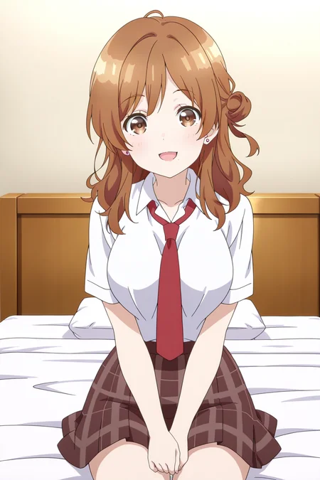 anime screenshot, izumi yuzu, 1girl, solo, brown hair, long hair, single side bun, brown eyes, mole under mouth, large breasts, school uniform, white shirt, collared shirt, short sleeves, red necktie, brown skirt, plaid skirt, pleated skirt, earrings, looking at viewer, smile, open mouth, own hands together, sitting, cowboy shot, indoors, bed, on bed, masterpiece, best quality, high quality, highres, absurdres, <lora:izumi_yuzu_ILXL:0.9>
