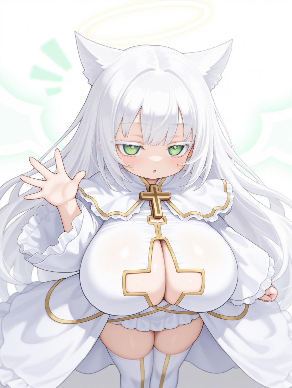 1girl, solo, Whiteyel, white hair, long hair, green eyes, cat ears, halo,energy white wings, huge breasts, facial armor, cross necklace, white robe, white skirt, clothing cutout, cleavage, shortstack, white thighhighs, 

Bird’s-eye view, waving,

masterpiece, best quality,amazing quality, very aesthetic, absurdres, depth of field, blurry background, extremely detailed face, detailed eyes, dark colors, dynamic pose
