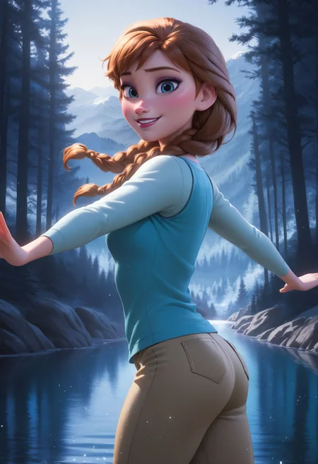 Smooth Quality, HDR, beautiful and intricate hair, protruding lips, lipstick, eyeliner, 1girl, anna \(frozen\), casual clothes, running, floating hair, spread arms, outstretched arms, pose, happy, smile, outdoors, forest river, mountainous horizon, looking at viewer, cowboy shot, from side,