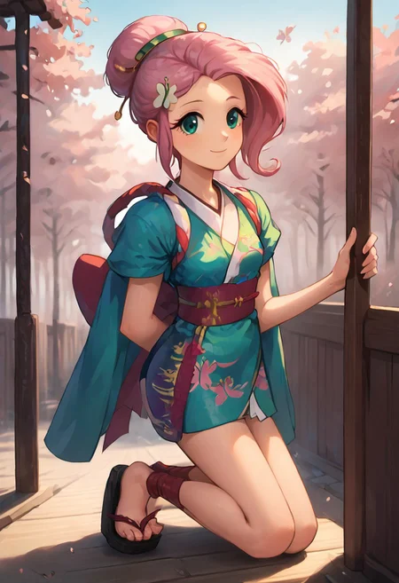SFW, rating_all, score_10, score_8_up, score_7_up, Equestria girls, (((human))), 1female, (((solo))), (((Fluttershy) cosplaying) as Ayame), short hair, bangs, (pink hair), hair ornament, short sleeves, sidelocks, japanese clothes, kimono, hair bun, (aqua eyes), sash, obi, sandals, single hair bun, rope, hair stick, short kimono, platform footwear, ankle wrap, slender, smiling, detailed, vector, flat colors