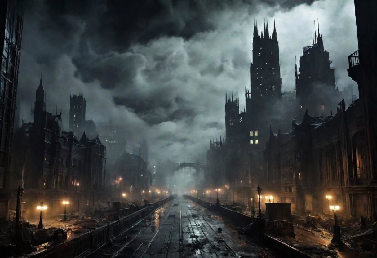 EdobHorrorLandscape,
A landscape of Gotham city at night,
hopeless, nightmare,
fog,
winter,
