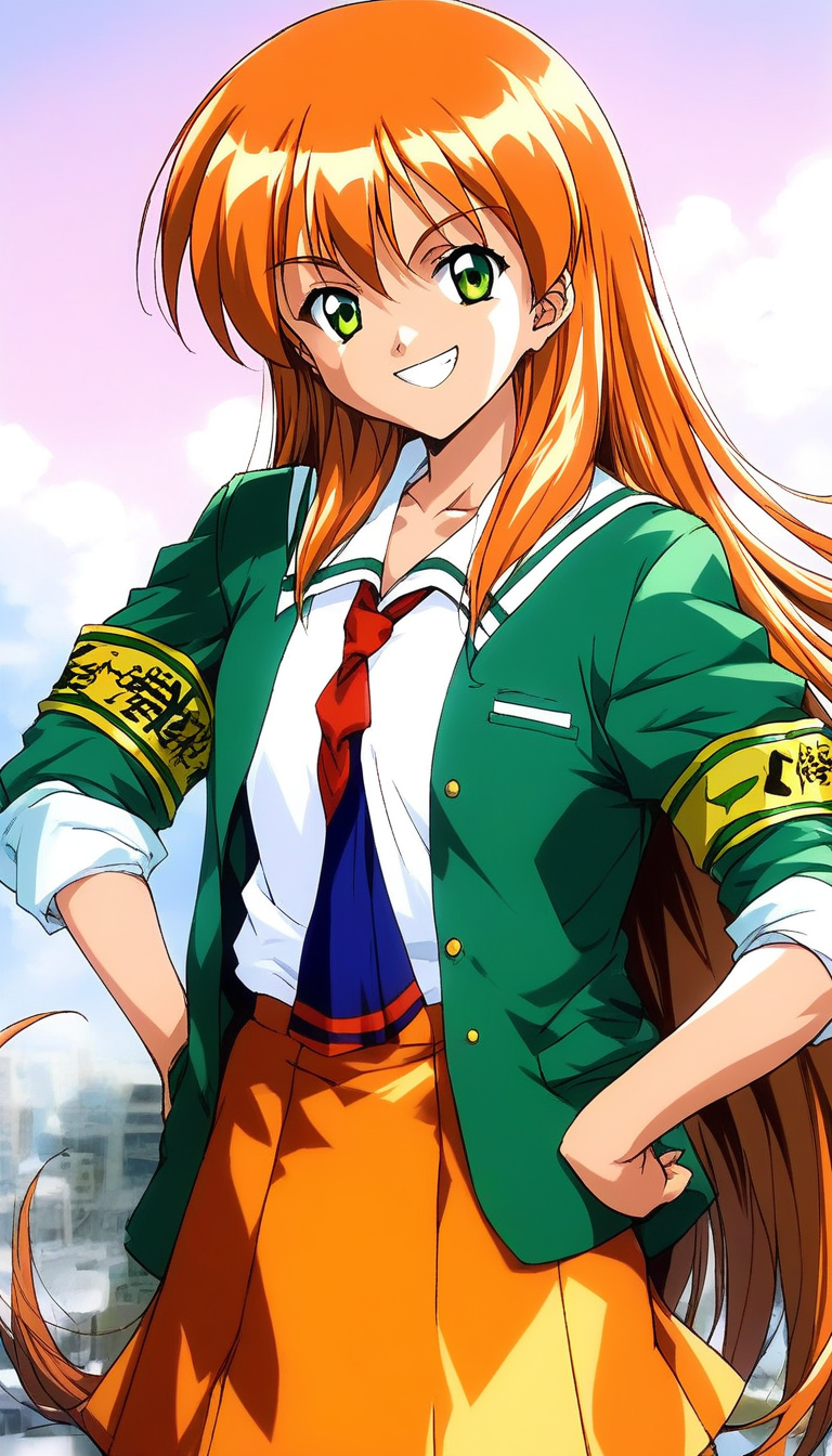 score_9, score_8_up, score_7_up, source_anime, rating_explicit, BREAK  <lora:Akai_Homura_XL:1> Akai_Homura, very long hair, green eyes, orange hair,
solo, skirt, 1990s (style), orange skirt, necktie, smile, school uniform, green jacket, sleeves rolled up, looking at viewer, hands on hips, jacket, shirt, armband, 
day, sky,