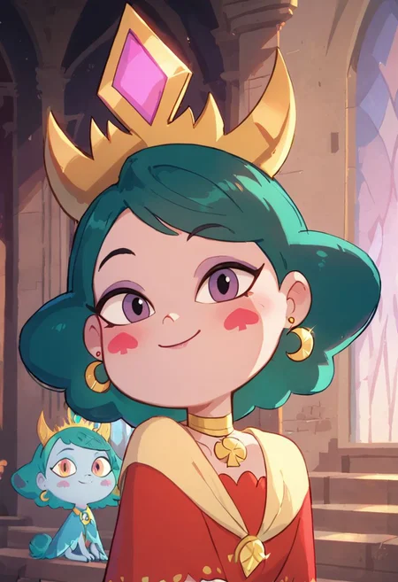 score_9, score_8_up, score_8, Eclipsa Butterfly, green hair, short hair, purple eyes, red spade blush stickers, golden moon earrings, necklace with golden clover, gold crown with pink jewelry, red dress with white bottom, yellow shrug, light purple gloves,
upper body, closed mouth, in palace, vivid colors, looking at viewer, smile,