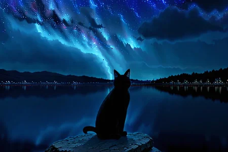Shadow Black Cat in middle of the lake , Beautiful night sky, starry sky, milky way, beautiful cloud, Lake,highres, best quality, masterpiece, 8k , ultra sharp, lightning, stars in the sky