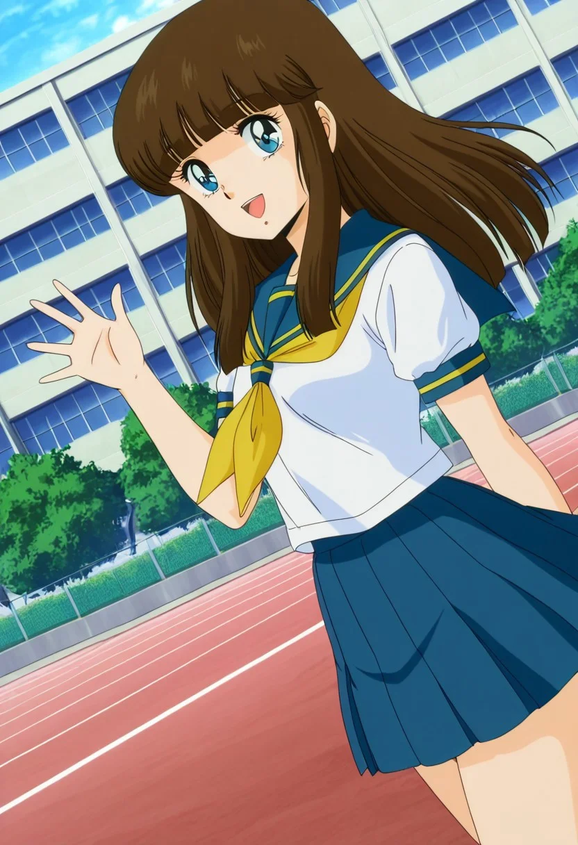 general,highres, ultra-detailed,very aesthetic,best quality ,best hands,best eyes,easynegative,
dynamic anglre, dutch angle, anime cloring,anime screencap,
1girl solo,looking at viewer,school,outdoors,smile,open mouth,waving hand,
Rie Komatsuzaki,brown_hair, long_hair, blunt bangs, small breasts, blue_eyes, short body, petite, 1980s (style),school uniform,
