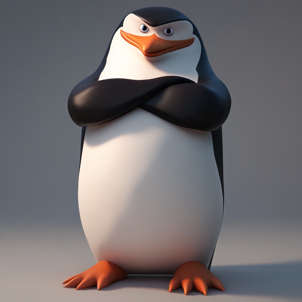 full body, score_9, score_8_up, score_7_up, score_6_up, score_5_up, score_4_up, source_furry, hi res, sfw, crossed arms, Skipper, penguin, looking at the viewer, smiling, 3D artwork, 3D animation