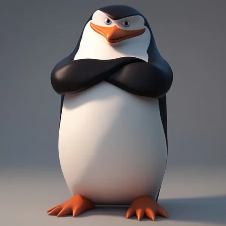full body, score_9, score_8_up, score_7_up, score_6_up, score_5_up, score_4_up, source_furry, hi res, sfw, crossed arms, Skipper, penguin, looking at the viewer, smiling, 3D artwork, 3D animation