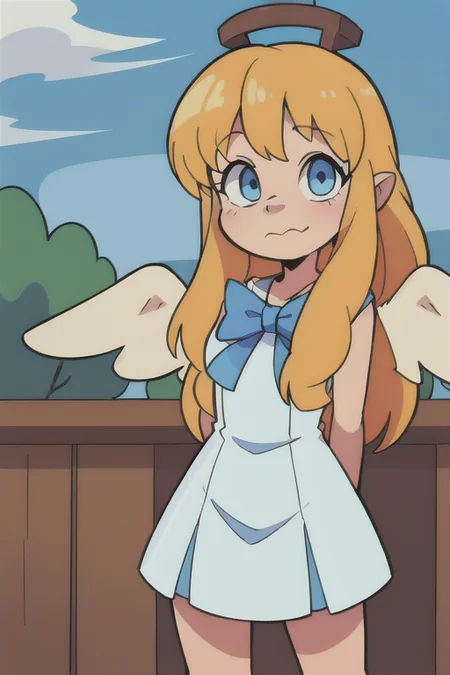 1girl, heaven, pearly gates, god rays, 80's anime style, <lora:filoTateNoYuusha_v10:0.5> filo, clouds, mist
upper body, filo, 1girl, solo, embarrassed, closed mouth, white wings, hite dress, blue bow, long hair, blue eyes, looking at viewer, parted bangs, bent over, arms behind back, <lora:filo2-05:0.9>