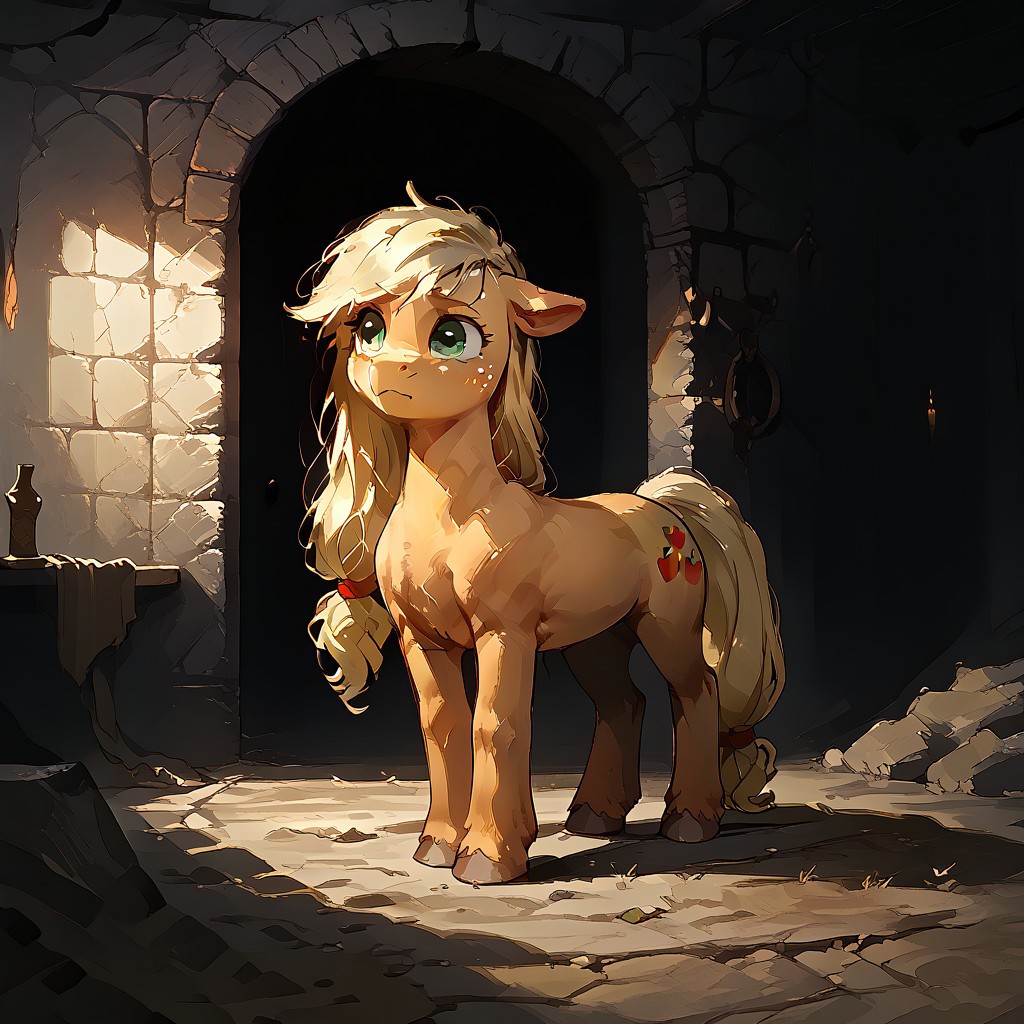 score_9, score_8_up, score_7_up, score_6_up, score_5_up, score_4_up, counterlight, d3t41l3d, Expressiveh BadDream,  4k,8k,Ultra HD,Masterpiece,Best quality,Detailed,Detailed background, expressive eyes, tiny, small, my little pony, (((feral))), nude, applejack, scare, (((cute))), (((fur))), animal, ((dungeon)), inndoor, dark fantasy, 80s dark fantasy, ((dark)), night, terror, obscure.