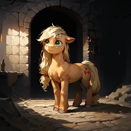 score_9, score_8_up, score_7_up, score_6_up, score_5_up, score_4_up, counterlight, d3t41l3d, Expressiveh BadDream, 4k,8k,Ultra HD,Masterpiece,Best quality,Detailed,Detailed background, expressive eyes, tiny, small, my little pony, (((feral))), nude, applejack, scare, (((cute))), (((fur))), animal, ((dungeon)), inndoor, dark fantasy, 80s dark fantasy, ((dark)), night, terror, obscure.