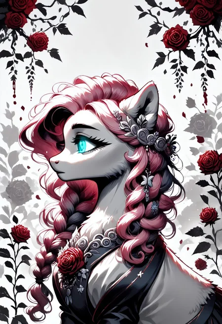 core_9, score_8_up, score_7_up, score_5_up, source_anime, (masterpiece, ultra-detailed, cinematic lighting), pony, Fluttershy, side profile, (elegant and melancholic pose), soft and feminine facial features, large expressive glowing eyes, delicate eyelashes, long flowing pastel-pink hair cascading softly, (thorned roses braided into her hair), (fluffy fur), subtle ethereal glow around her silhouette, intricate dark floral crown with glowing red accents, mysterious and dramatic atmosphere, (greyscale, monochrome), glowing eyes and roses creating a striking contrast, black and white palette with soft glowing highlights, Ink Tapestry style, fine detailed textures, artistic and serene composition.