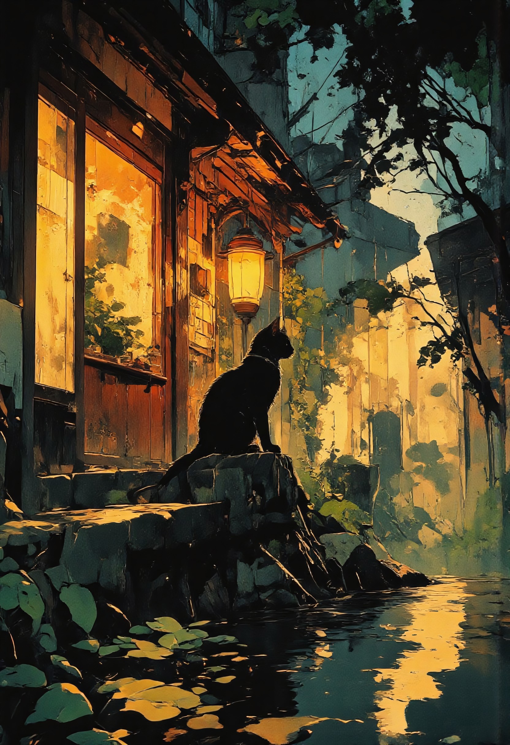 A black cat sits on the edge of a wooden windowsill outside a cozy traditional Japanese house on a rainy evening. The house has warm, glowing lanterns illuminating the wet wooden surfaces. Raindrops are falling gently, creating ripples in the calm water below. The cat gazes into the distance, surrounded by lush green foliage. The atmosphere is tranquil, with a contrast between the warm indoor lights and the cool, misty rain outside 