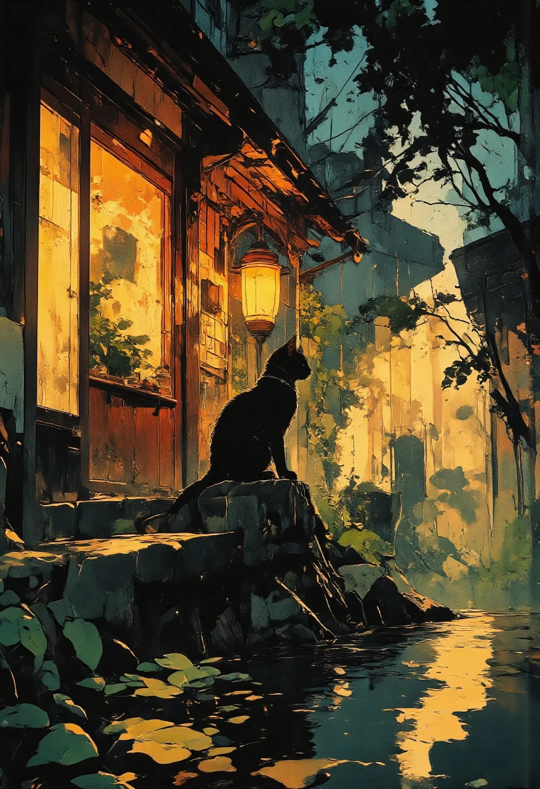 A black cat sits on the edge of a wooden windowsill outside a cozy traditional Japanese house on a rainy evening. The house has warm, glowing lanterns illuminating the wet wooden surfaces. Raindrops are falling gently, creating ripples in the calm water below. The cat gazes into the distance, surrounded by lush green foliage. The atmosphere is tranquil, with a contrast between the warm indoor lights and the cool, misty rain outside