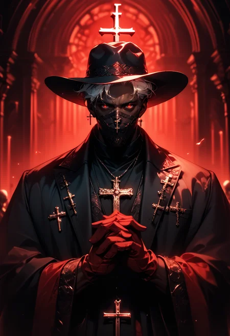 (score_9, score_8_up), score_7_up, looking at viewer, short hair, red eyes, gloves, long sleeves, 1boy, jewelry, white hair, dark skin, necklace, mask, dark-skinned male, own hands together, cross, mouth mask, cross necklace, night, crimson sky, red theme, black coat, dark, fedora, high contrast, dark lighting, glowing red eyes, cinematic, cross necklace, backlighting,
blurry, depth of field, CINE,
<lora:CINE-000012:0.7> <lora:wildywest-000009:0.5>