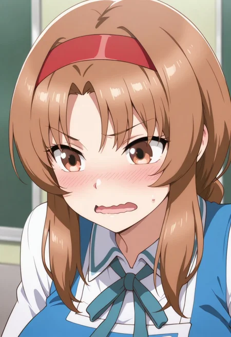 masterpiece,best quality,amazing quality, takao, brown hair, brown eyes, long hair, hairband, 1girl, solo, blush, open mouth, wavy mouth, school uniform, parted bangs