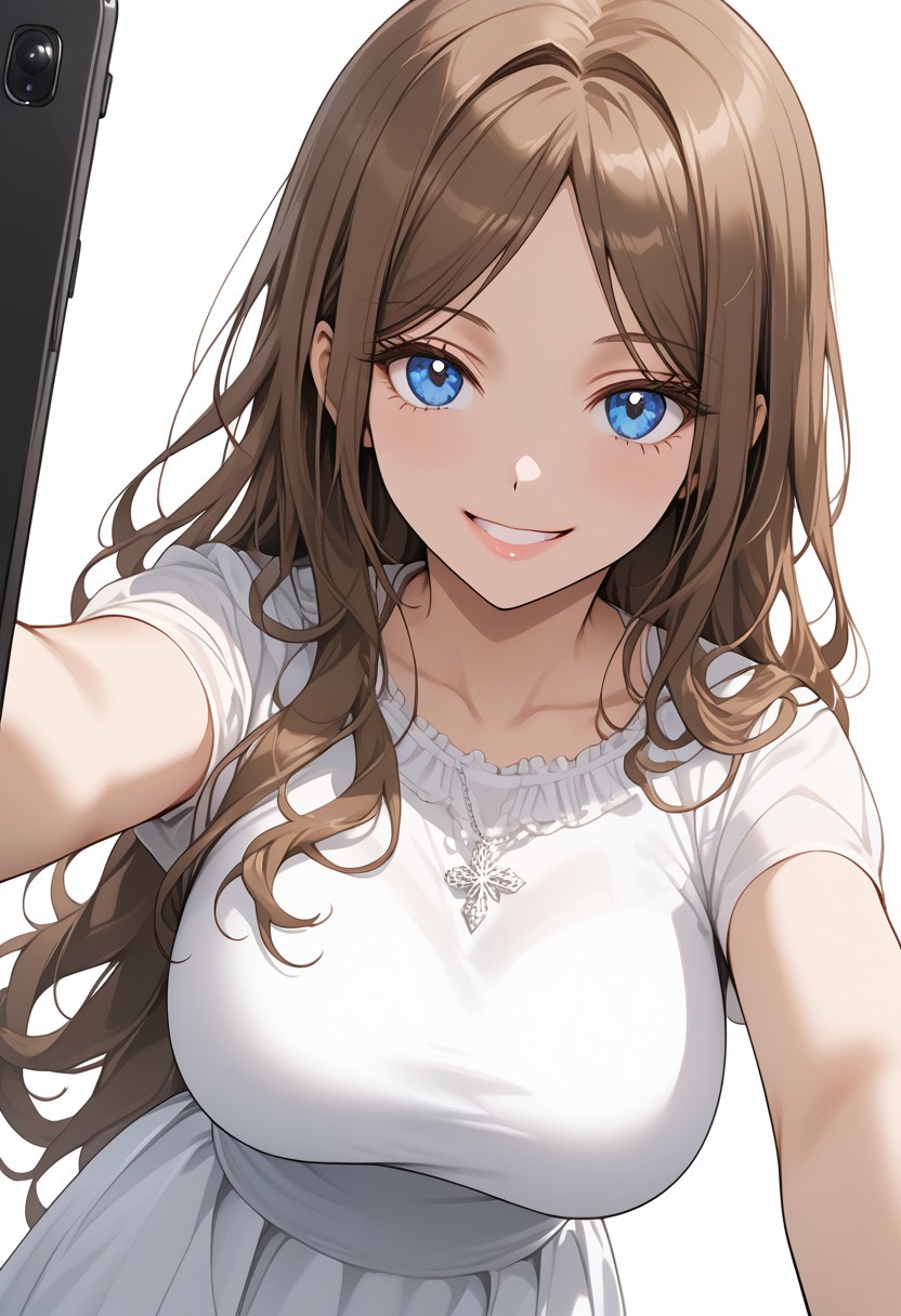 (masterpiece), best quality, expressive eyes, perfect face, soyo_n, long hair, parted bangs, blue eyes, brown hair, large breasts, looking at viewer, smile, selfie, long skirt,