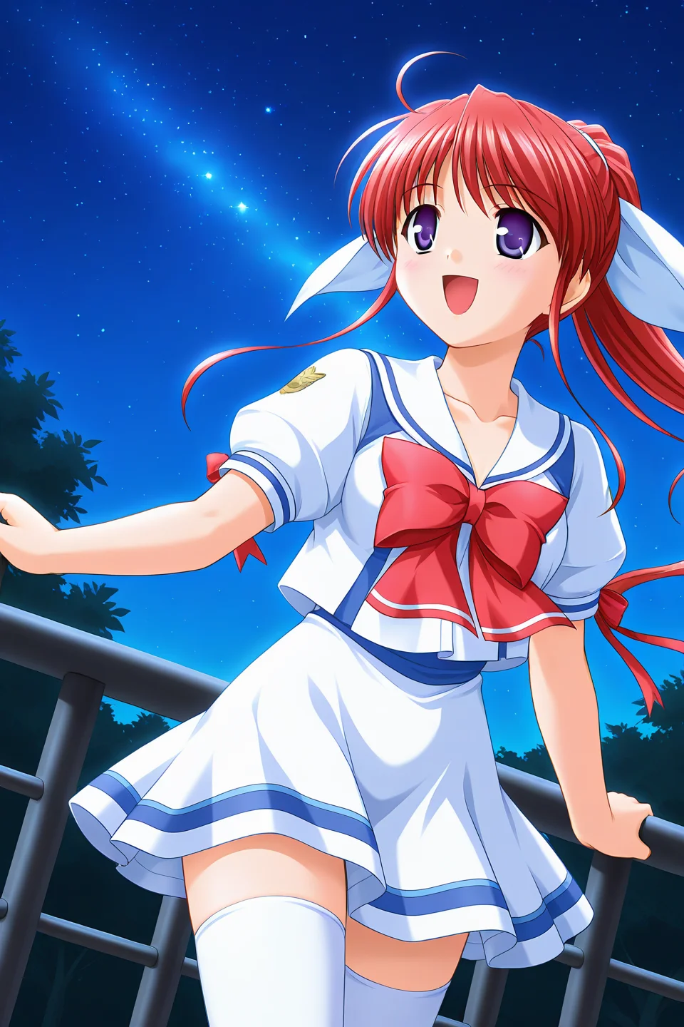 masterpiece, best quality, absurdres, official art, official style, rating general BREAK <lora:amagasakimikoto_IL_v1-2:0.7>, amagasaki mikoto, 1girl, solo, purple eyes, blue eyes, red hair, long hair, ponytail, hair ribbon, white ribbon, medium breasts BREAK school uniform, serafuku, white sailor collar, collarbone, red bowtie, white dress, white shirt, puffy short sleeves, red ribbon, arm ribbon, waist ribbon, blue ribbon, white skirt, blue line skirt, zettai ryouiki, white thighhighs, smile, blush, :d, open mouth, night, starry sky, night sky, telescope, railing, outdoors, dutch angle, glowing, from below, looking up, looking at sky