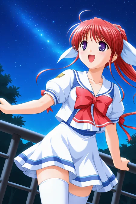 masterpiece, best quality, absurdres, official art, official style, rating general BREAK <lora:amagasakimikoto_IL_v1-2:0.7>, amagasaki mikoto, 1girl, solo, purple eyes, blue eyes, red hair, long hair, ponytail, hair ribbon, white ribbon, medium breasts BREAK school uniform, serafuku, white sailor collar, collarbone, red bowtie, white dress, white shirt, puffy short sleeves, red ribbon, arm ribbon, waist ribbon, blue ribbon, white skirt, blue line skirt, zettai ryouiki, white thighhighs, smile, blush, :d, open mouth, night, starry sky, night sky, telescope, railing, outdoors, dutch angle, glowing, from below, looking up, looking at sky