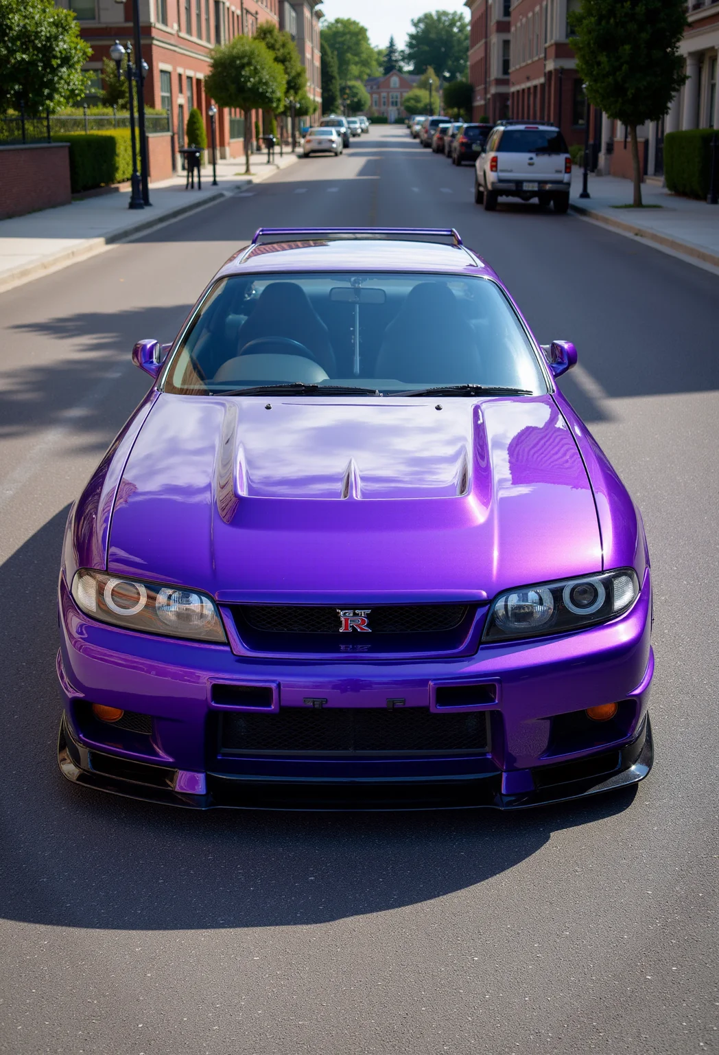 <lora:Nissan_Skyline_GT-R_R33:0.7> A from behind and a side of a gorgeous Nissan Skyline GT-R R33 in all its shining glory. In a style of clean look. The car has violet paint job with flashy white undertone. Mirror-like, high gloss finish catches bright highlights. Vibrant color palette.