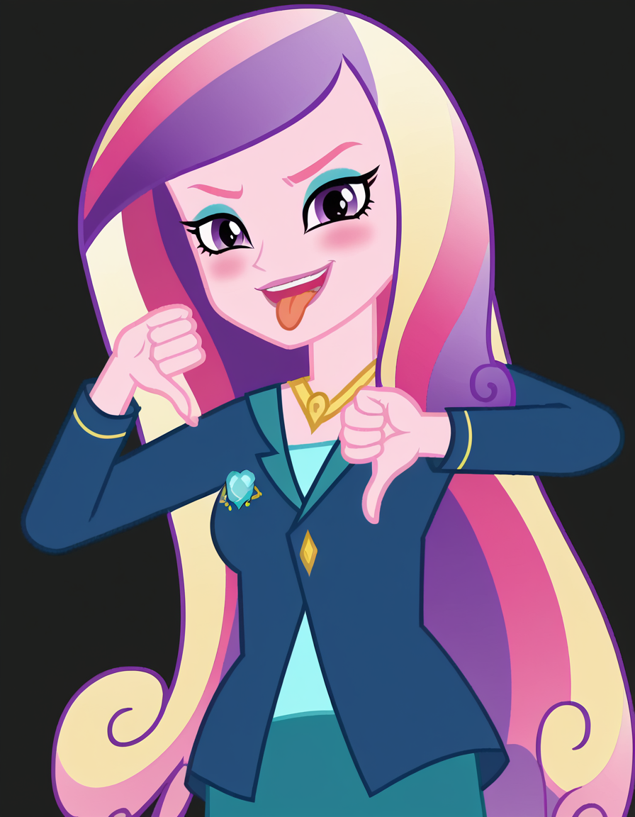 score_9, score_8_up, score_7_up, source_anime, <lora:dean-cadance-movie-ponyxl-lora-nochekaiser:1>, cadance, long hair, very long hair, purple eyes, pink hair, purple hair, multicolored hair, two-tone hair, eyelashes, makeup, eyeshadow, skirt, formal, suit,, bike ride, countryside, dirt road, trees, afternoon sun, peaceful, alone, , <lora:thumbs-down-ponyxl-lora-nochekaiser:1>, thumbs down, blush, from below, smug, tongue, tongue out, open mouth, black background, looking at viewer, solo,, dutch angle, cowboy shot