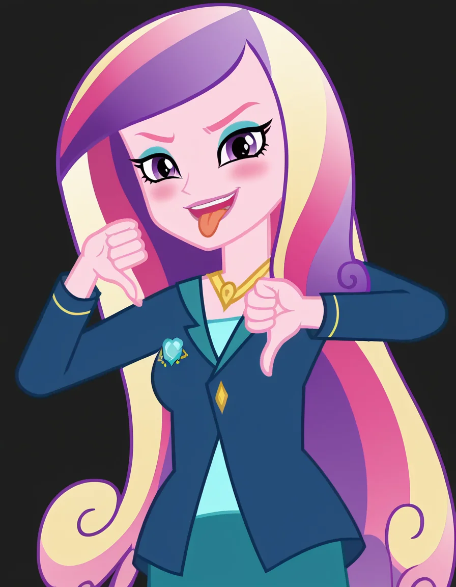 score_9, score_8_up, score_7_up, source_anime, <lora:dean-cadance-movie-ponyxl-lora-nochekaiser:1>, cadance, long hair, very long hair, purple eyes, pink hair, purple hair, multicolored hair, two-tone hair, eyelashes, makeup, eyeshadow, skirt, formal, suit,, bike ride, countryside, dirt road, trees, afternoon sun, peaceful, alone, , <lora:thumbs-down-ponyxl-lora-nochekaiser:1>, thumbs down, blush, from below, smug, tongue, tongue out, open mouth, black background, looking at viewer, solo,, dutch angle, cowboy shot