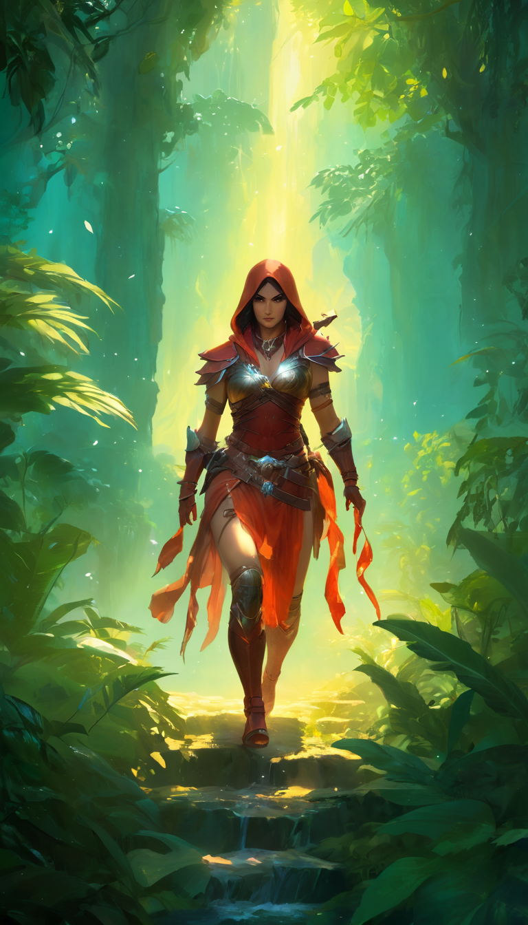 ethereal fantasy concept art of Cinematic scene, hero view, diablo 4, rogue, action pose, <lora:diablo_4_rogue_v0.0.1:1>, jungle, masterpiece, best quality, high quality, absurdress  . magnificent, celestial, ethereal, painterly, epic, majestic, magical, fantasy art, cover art, dreamy
