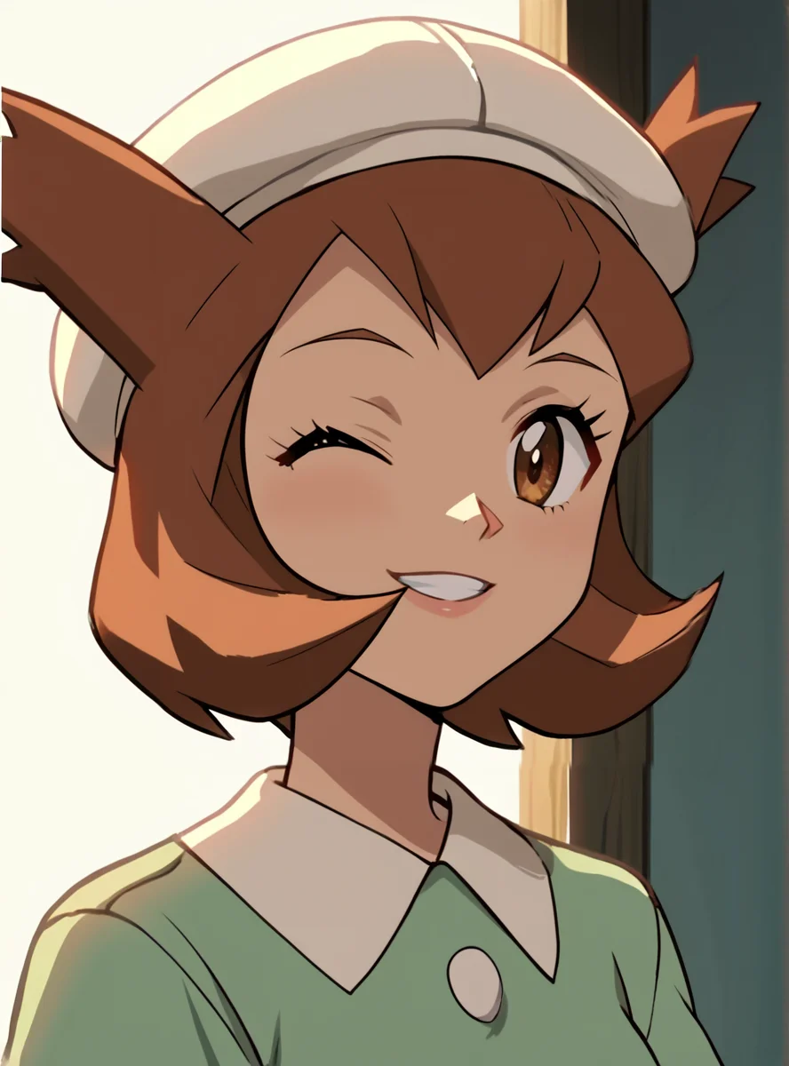 score_9, score_8_up, score_7_up, score_6_up, score_5_up, score_4_up source_anime, anime screencap, <lora:LAtiasAdventure:0.8>1girl, kanonlatias, solo, brown hair hat, smile, brown eyes, short hair wink,