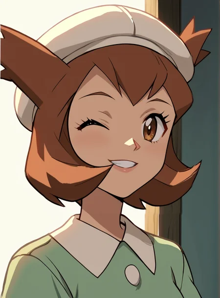score_9, score_8_up, score_7_up, score_6_up, score_5_up, score_4_up source_anime, anime screencap, <lora:LAtiasAdventure:0.8>1girl, kanonlatias, solo, brown hair hat, smile, brown eyes, short hair wink,