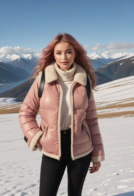 white Oversized shearling padded down vest, white Oversized shearling padded puffer vest, Oversized shearling padded winter clothes, very very cold, realistic, feet out of frame, standing, walking, 1girl, solo, masterpiece, illustration, beautiful detailed sky, beautiful-detailed eyes, eyeliner, eyelashes, arrogant, half-closed eyes, condescending look, condescending satisfied look, condescending light smile, seductive look, lookng at viewer, cinematic light, ultra detailed, disheveled hair, pink hair, long hair, light blue eyes, curly hair, pink choker, bracelet, wet, day, sky, sunlight, (pressure sherpa cuffs:1.8), (pressure sherpa collar:1.8), (Thick padded cuffs:1.4), (Thick padded collar:1.4), <lora:Collar-SDXL:0.75>, <lora:Cuffs-SDXL:0.75>, <lora:fashion_lora:0.6>