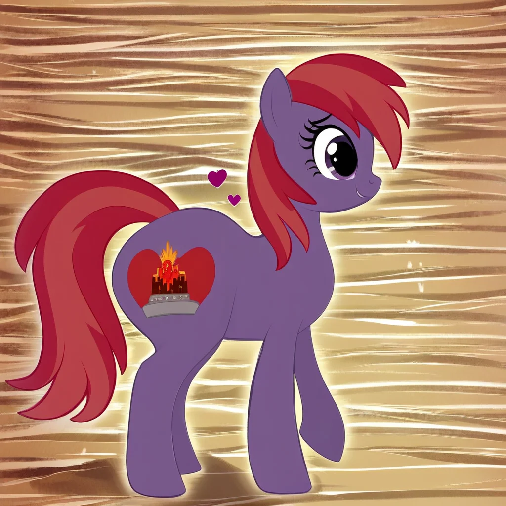 (oc:cinder blaze,purple skin,purple eyes,Red Hair,Short Hair),Feral Pony,,striped body, striped arms, striped legs, striped face,solo, side view,big butt, thick thigs,Earth Pony, Cow horn, brown skin, brown hair, blue eyes, heart cutie mark,ponyville